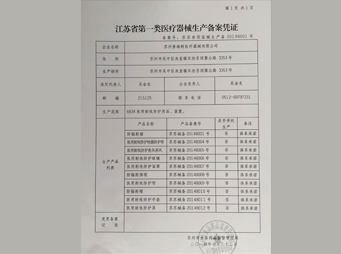 江蘇省第一類醫療器械生產備案憑證